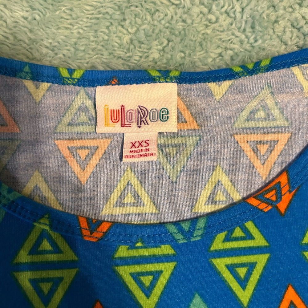 LuLaRoe Blue Top with Green and Orange Triangles